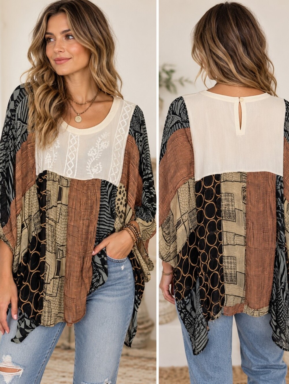Young Threads XL Patchwork Boho Embroidered Oversized Poncho Top NWT